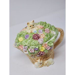 Vintage Enesco Made In Taiwan Kitties In A Garden Ceramic‎ Tea PotCookie Jar